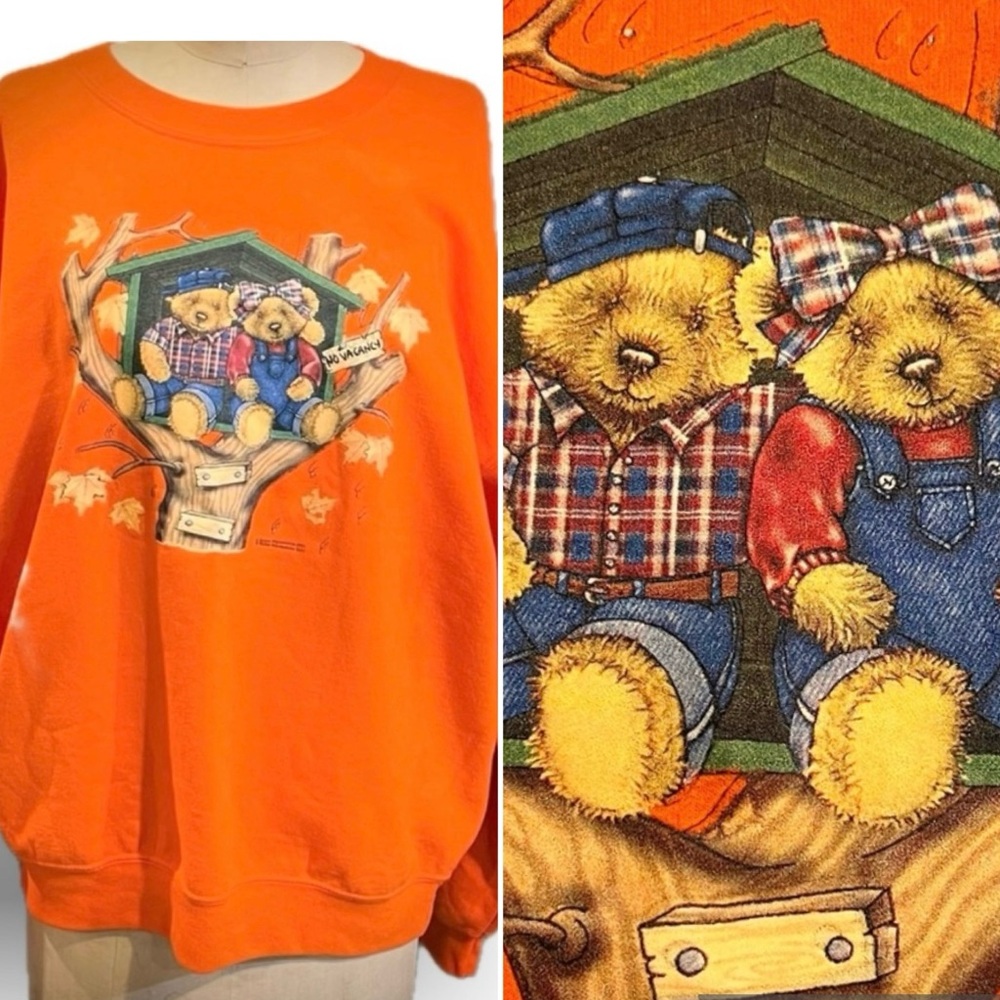 Vintage‎ 2002 Y2K graphic crewneck sweatshirt neon orange fall bears tree house